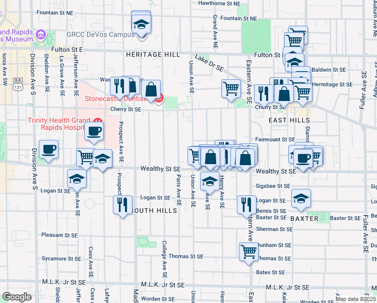 map of restaurants, bars, coffee shops, grocery stores, and more near 311 Union Avenue Southeast in Grand Rapids