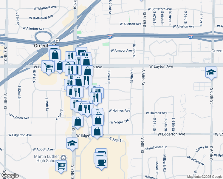 map of restaurants, bars, coffee shops, grocery stores, and more near 4825-4861 South 72nd Street in Greenfield