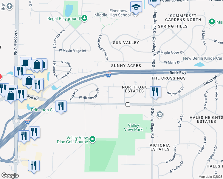 map of restaurants, bars, coffee shops, grocery stores, and more near 4820 South Forest Ridge Drive in New Berlin