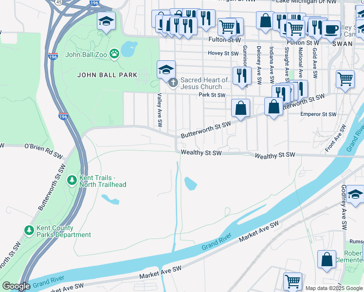 map of restaurants, bars, coffee shops, grocery stores, and more near 1149 Wealthy Street Southwest in Grand Rapids