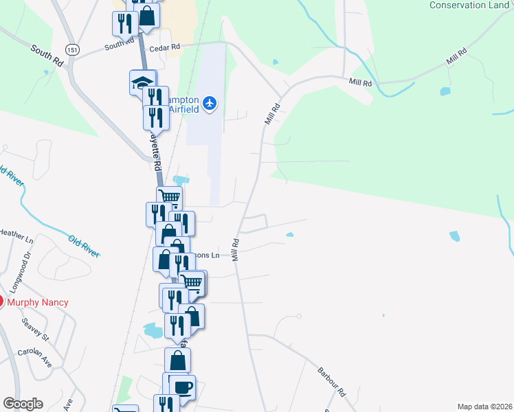 map of restaurants, bars, coffee shops, grocery stores, and more near 303 Mill Road in Hampton
