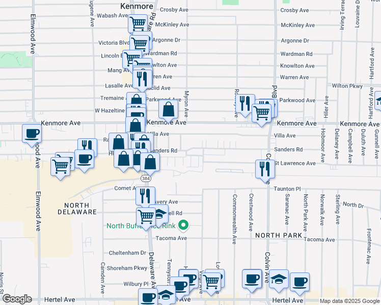 map of restaurants, bars, coffee shops, grocery stores, and more near 101 Sanders Rd in Buffalo