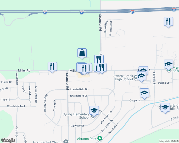 map of restaurants, bars, coffee shops, grocery stores, and more near 9098 Miller Road in Swartz Creek
