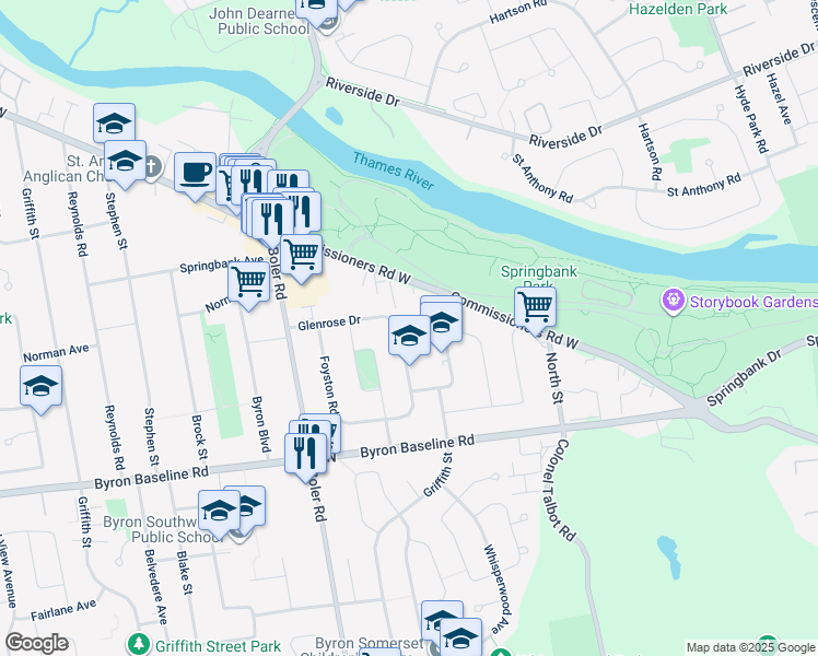 map of restaurants, bars, coffee shops, grocery stores, and more near 364 Glenrose Drive in London