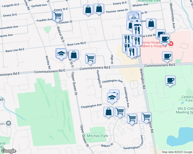 map of restaurants, bars, coffee shops, grocery stores, and more near 487 Huntingdon Drive in London
