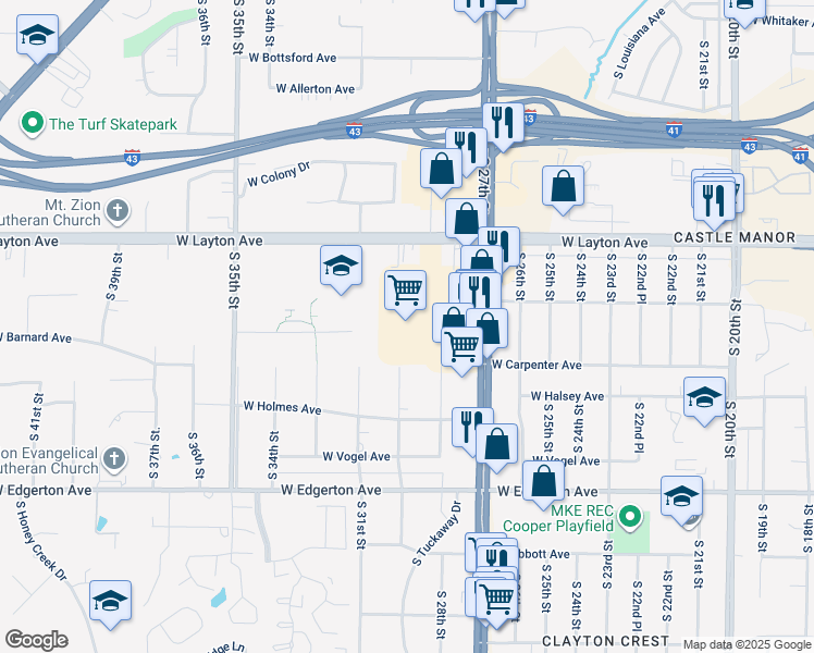 map of restaurants, bars, coffee shops, grocery stores, and more near 4777 South 27th Street in Greenfield