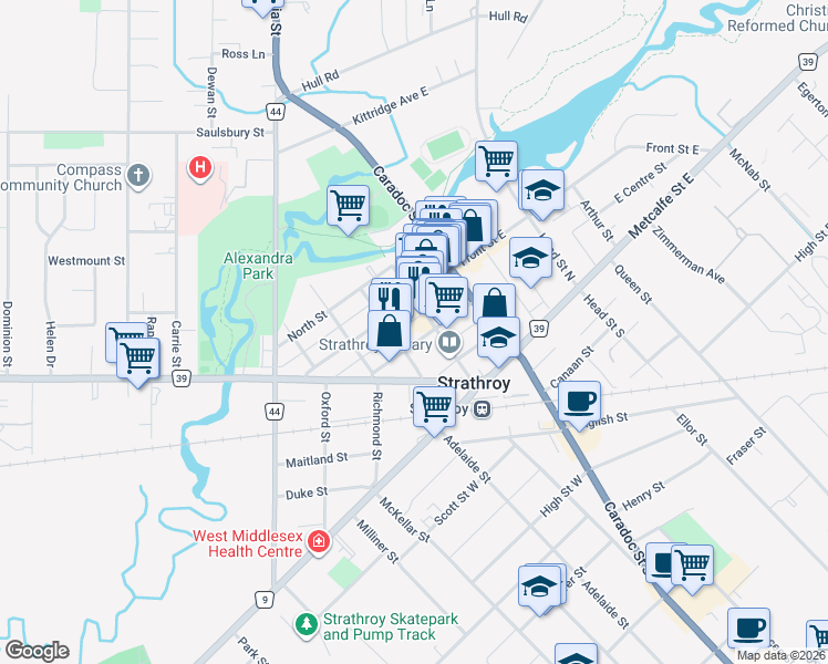 map of restaurants, bars, coffee shops, grocery stores, and more near 65 Centre Street West in Strathroy