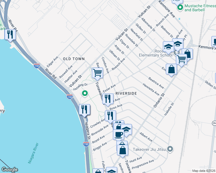map of restaurants, bars, coffee shops, grocery stores, and more near 130 Esser Avenue in Buffalo