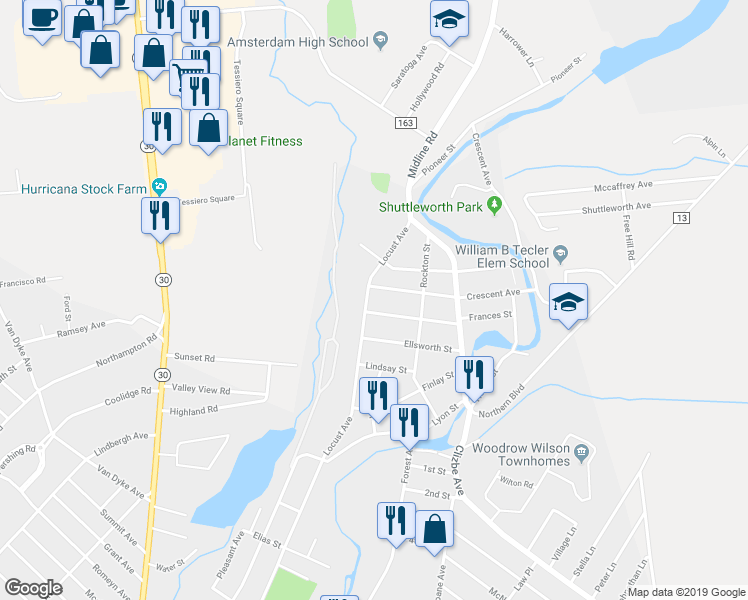 map of restaurants, bars, coffee shops, grocery stores, and more near 427 Locust Avenue in Amsterdam