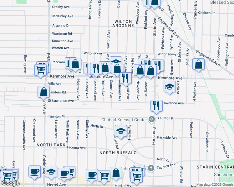 map of restaurants, bars, coffee shops, grocery stores, and more near 32 Redmond Avenue in Buffalo