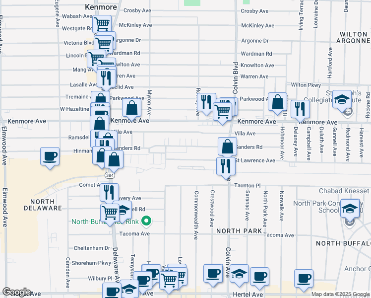 map of restaurants, bars, coffee shops, grocery stores, and more near 140-204 Sanders Road in Buffalo