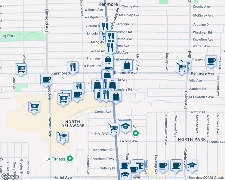 map of restaurants, bars, coffee shops, grocery stores, and more near 2670 Delaware Avenue in Buffalo