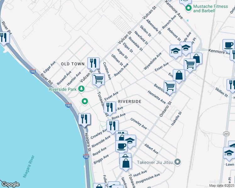 map of restaurants, bars, coffee shops, grocery stores, and more near 167 Esser Avenue in Buffalo