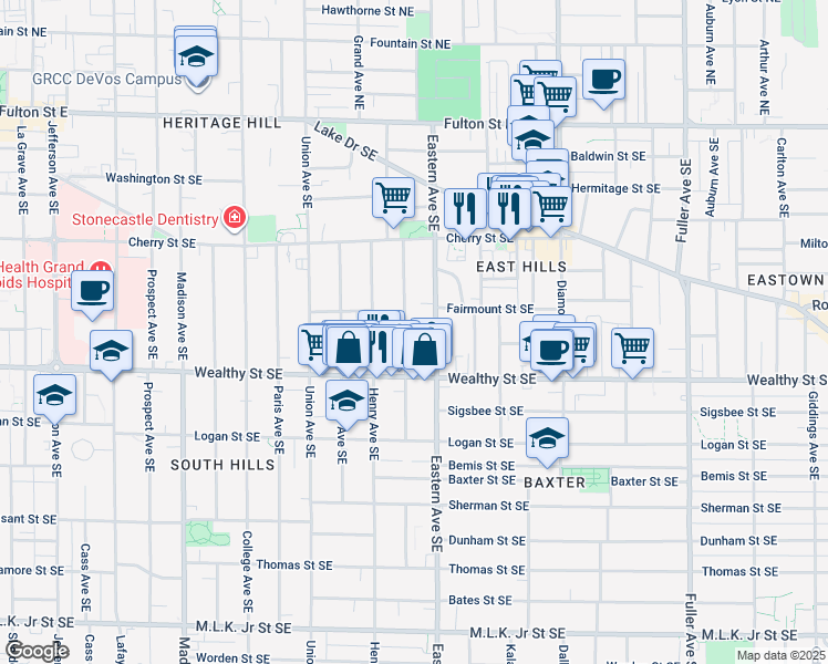 map of restaurants, bars, coffee shops, grocery stores, and more near 316 Charles Avenue Southeast in Grand Rapids