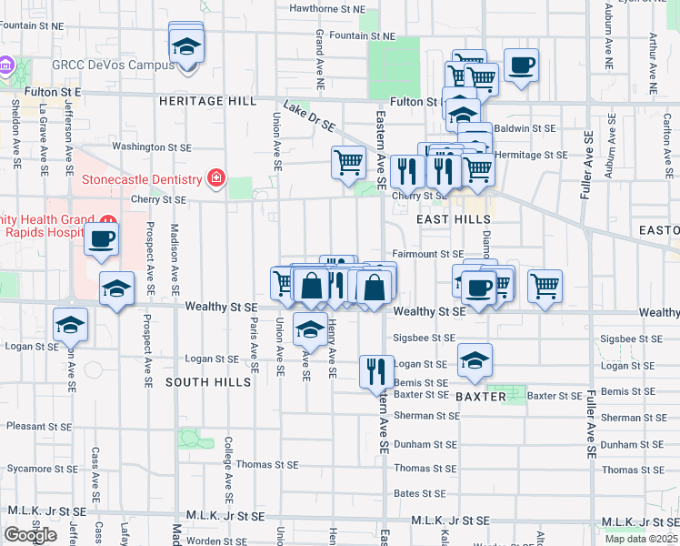 map of restaurants, bars, coffee shops, grocery stores, and more near 316 Henry Avenue Southeast in Grand Rapids