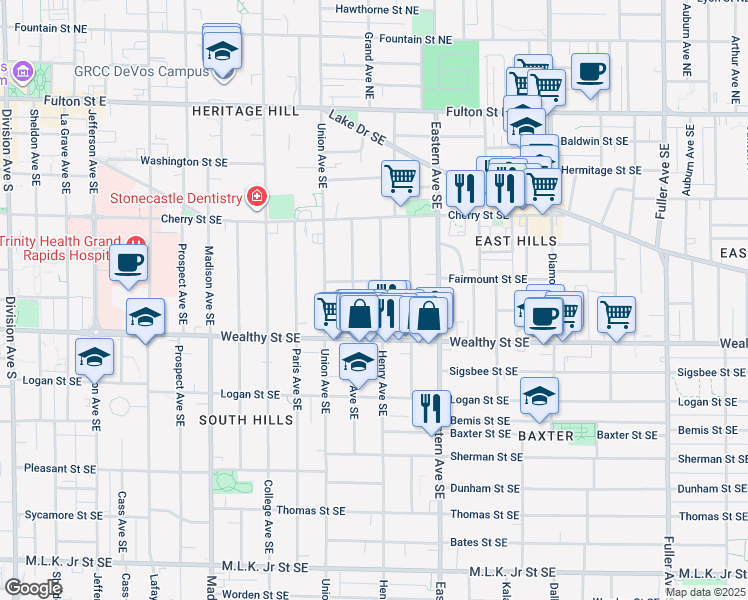 map of restaurants, bars, coffee shops, grocery stores, and more near 316 Henry Avenue Southeast in Grand Rapids