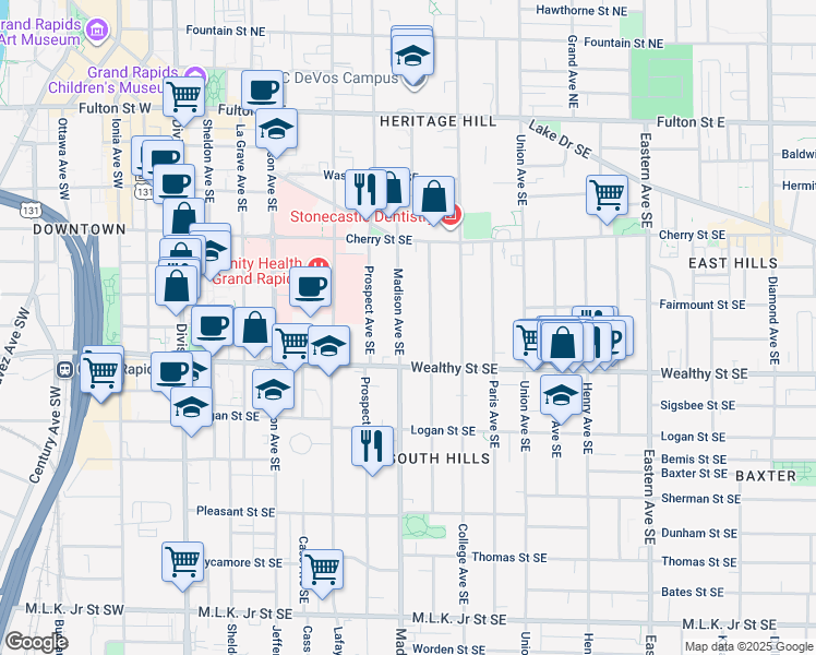 map of restaurants, bars, coffee shops, grocery stores, and more near 314 Madison Avenue Southeast in Grand Rapids