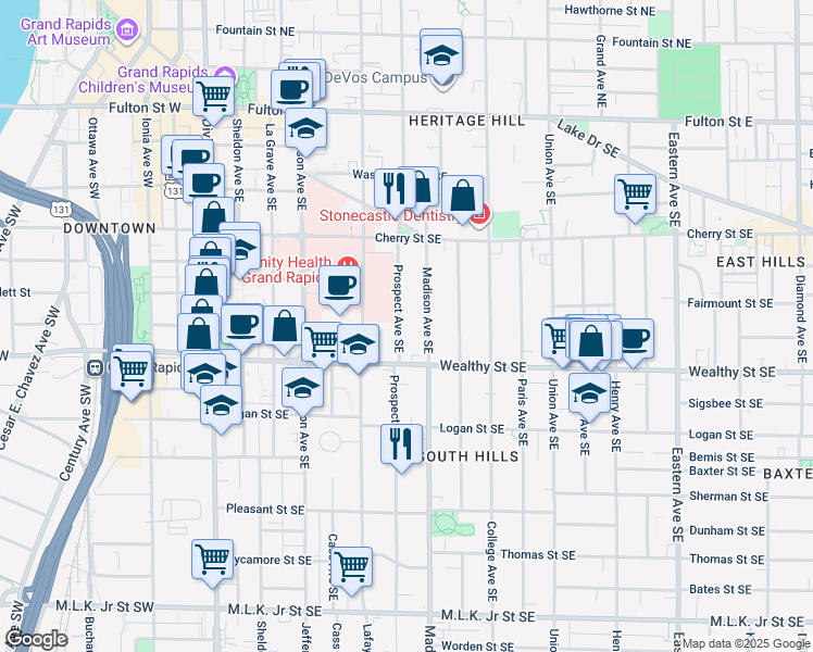 map of restaurants, bars, coffee shops, grocery stores, and more near 320 Prospect Avenue Southeast in Grand Rapids