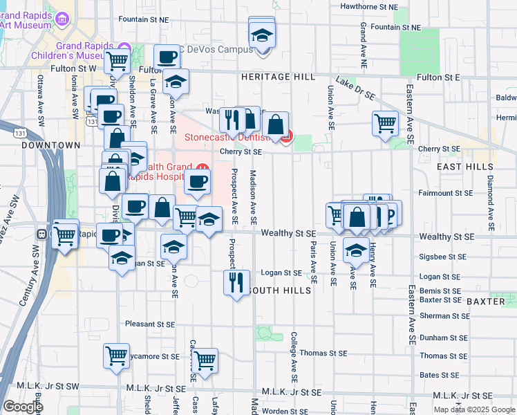 map of restaurants, bars, coffee shops, grocery stores, and more near 320 Madison Avenue Southeast in Grand Rapids