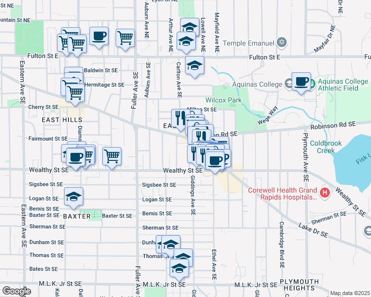 map of restaurants, bars, coffee shops, grocery stores, and more near 323 Richard Terrace Southeast in Grand Rapids