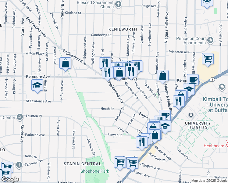 map of restaurants, bars, coffee shops, grocery stores, and more near 6 Nicholson Street in Buffalo