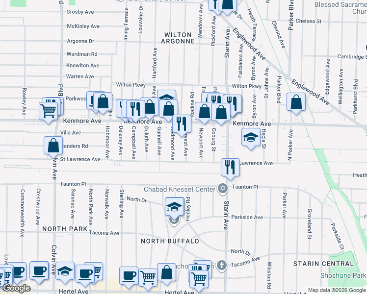 map of restaurants, bars, coffee shops, grocery stores, and more near 34 Harvest Avenue in Buffalo