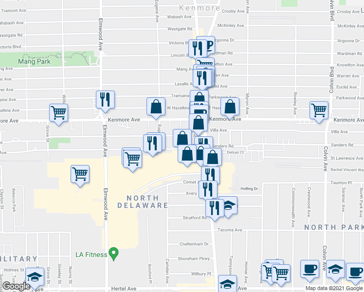 map of restaurants, bars, coffee shops, grocery stores, and more near 53 Hinman Avenue in Buffalo