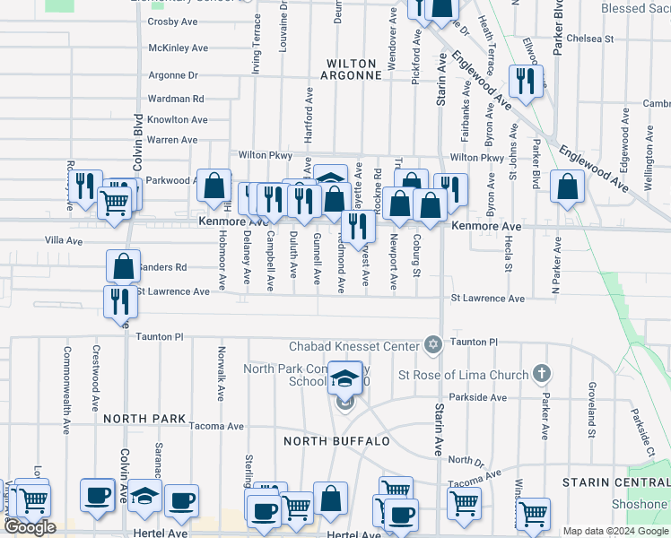 map of restaurants, bars, coffee shops, grocery stores, and more near 32 Redmond Avenue in Buffalo