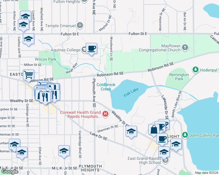 map of restaurants, bars, coffee shops, grocery stores, and more near 1950 Robinson Road Southeast in East Grand Rapids
