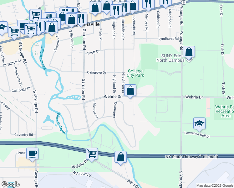 map of restaurants, bars, coffee shops, grocery stores, and more near 278 Highland Drive in Buffalo