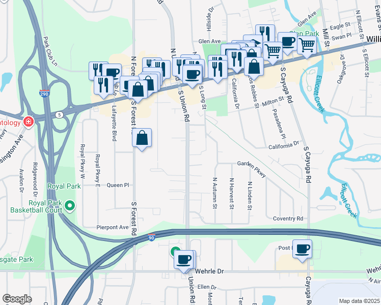 map of restaurants, bars, coffee shops, grocery stores, and more near 107 Canterbury Court in Williamsville
