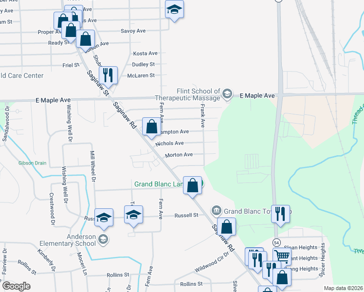 map of restaurants, bars, coffee shops, grocery stores, and more near 2332 Nichols Avenue in Flint