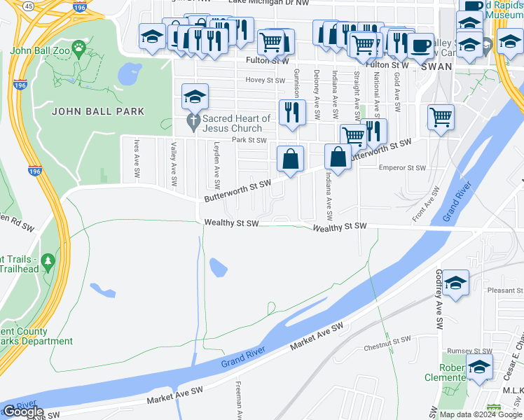 map of restaurants, bars, coffee shops, grocery stores, and more near 339 Krakow Place Southwest in Grand Rapids