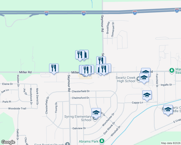 map of restaurants, bars, coffee shops, grocery stores, and more near 9098 Miller Road in Swartz Creek