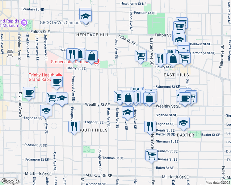map of restaurants, bars, coffee shops, grocery stores, and more near 311 Union Avenue Southeast in Grand Rapids