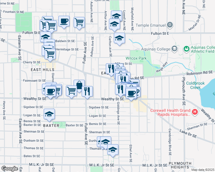 map of restaurants, bars, coffee shops, grocery stores, and more near 327 Carlton Avenue Southeast in Grand Rapids