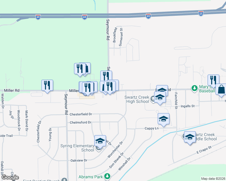 map of restaurants, bars, coffee shops, grocery stores, and more near 8816 Miller Road in Swartz Creek
