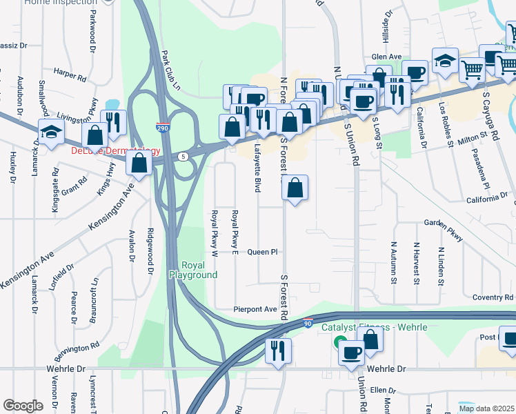 map of restaurants, bars, coffee shops, grocery stores, and more near King Place in Erie County