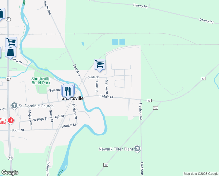 map of restaurants, bars, coffee shops, grocery stores, and more near 12 Mather Street in Shortsville