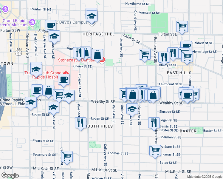 map of restaurants, bars, coffee shops, grocery stores, and more near 315 Paris Avenue Southeast in Grand Rapids