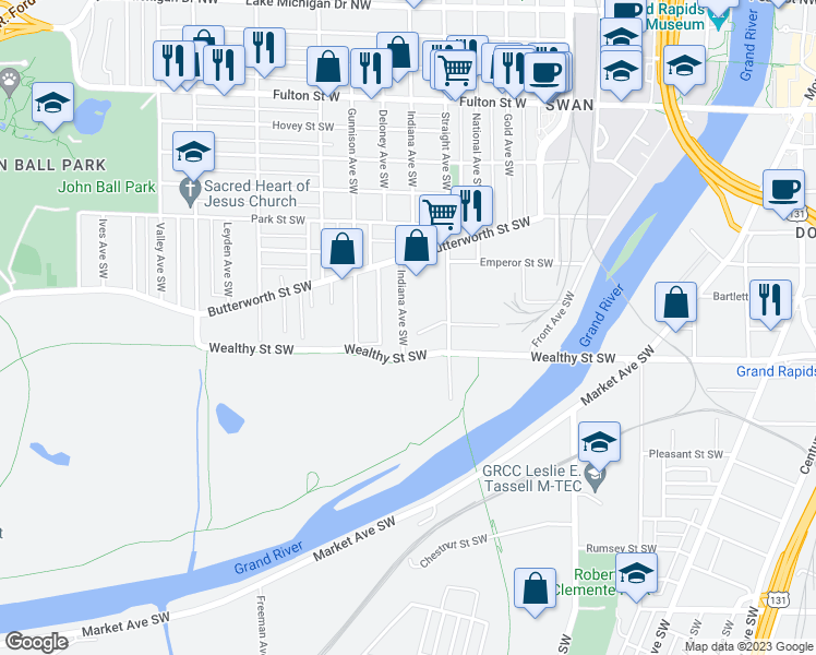 map of restaurants, bars, coffee shops, grocery stores, and more near 368 Indiana Avenue Southwest in Grand Rapids