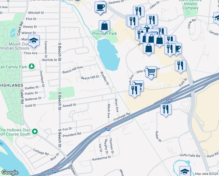 map of restaurants, bars, coffee shops, grocery stores, and more near 3 Sentinel Court in Manchester