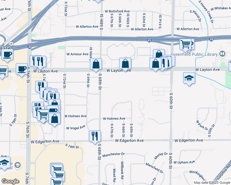 map of restaurants, bars, coffee shops, grocery stores, and more near 6640 West Barnard Avenue in Greenfield