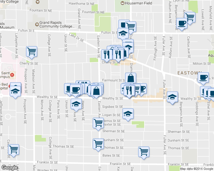 map of restaurants, bars, coffee shops, grocery stores, and more near 319 Hollister Avenue Southeast in Grand Rapids
