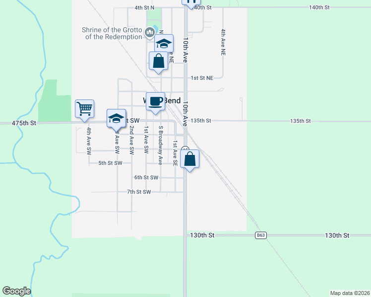 map of restaurants, bars, coffee shops, grocery stores, and more near 404 2nd Avenue Southeast in West Bend