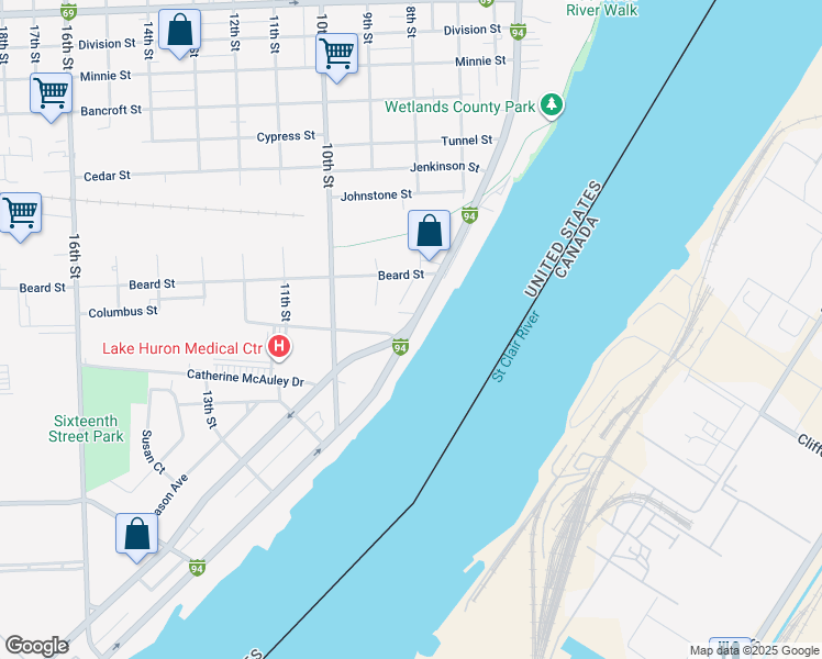 map of restaurants, bars, coffee shops, grocery stores, and more near 2458 Military Street in Port Huron