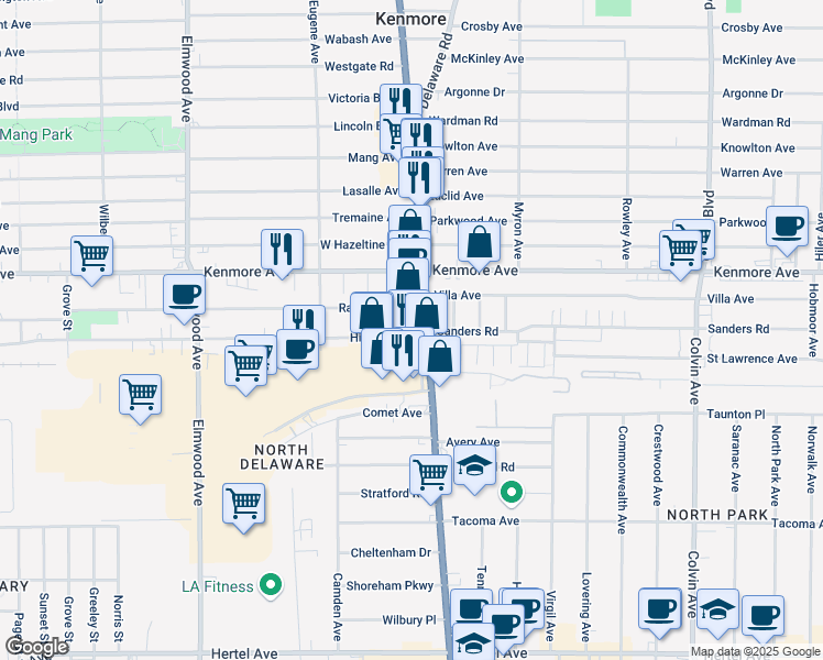 map of restaurants, bars, coffee shops, grocery stores, and more near 2670 Delaware Avenue in Buffalo