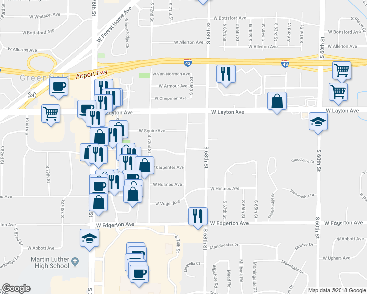 map of restaurants, bars, coffee shops, grocery stores, and more near 4825 South 69th Street in Greenfield