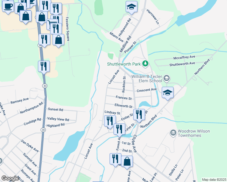 map of restaurants, bars, coffee shops, grocery stores, and more near 427 Locust Avenue in Amsterdam