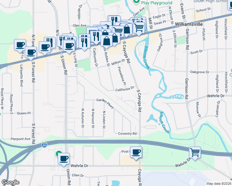 map of restaurants, bars, coffee shops, grocery stores, and more near 195 California Drive in Buffalo